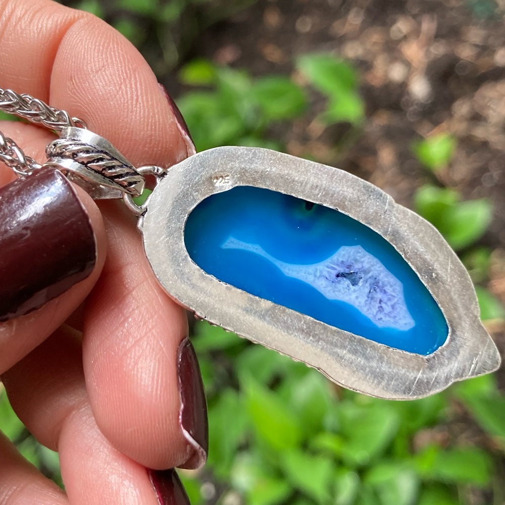 925 sterling silver overlay charm blue geode agate slice gemstone boho necklace - Picture 7 of 15